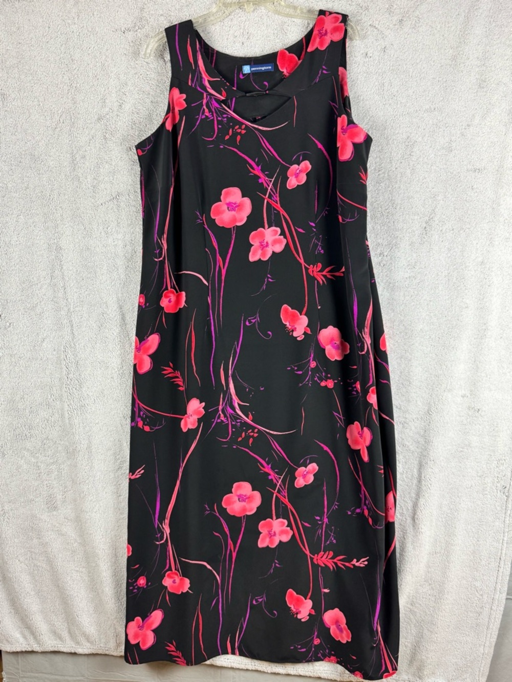 Vintage Penningtons Black Maxi Dress with Bright Pink Floral Print Womens 18